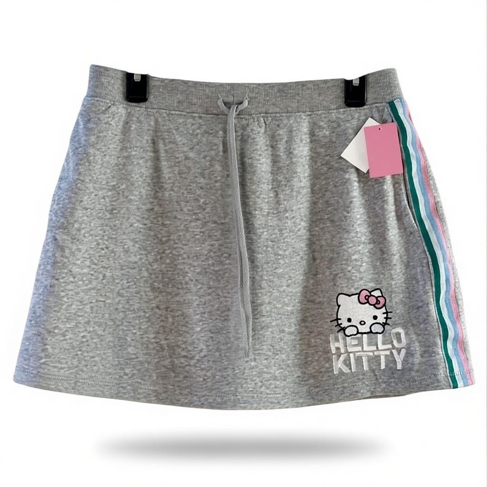 Hello Kitty Heather Grey Skirt With Pink & Teal Stripes Drawstring Waist Size L